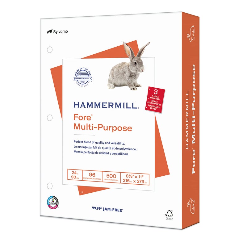 Hammermill ورق طباعة هامر ميل، ورق نسخ متعدد الأغراض 24 رطل، 3 ثقوب - 1 رزمة (500 ورقة) - 96 سطوع، مصنوع في الولايات المتحدة الأمريكية، 101287 - Image 1